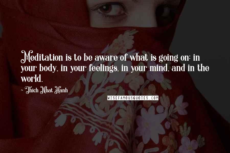 Thich Nhat Hanh Quotes: Meditation is to be aware of what is going on: in your body, in your feelings, in your mind, and in the world.