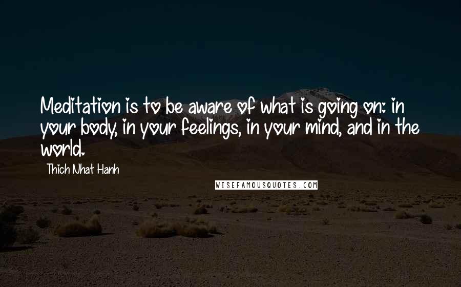 Thich Nhat Hanh Quotes: Meditation is to be aware of what is going on: in your body, in your feelings, in your mind, and in the world.