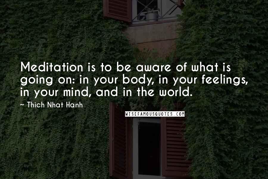 Thich Nhat Hanh Quotes: Meditation is to be aware of what is going on: in your body, in your feelings, in your mind, and in the world.