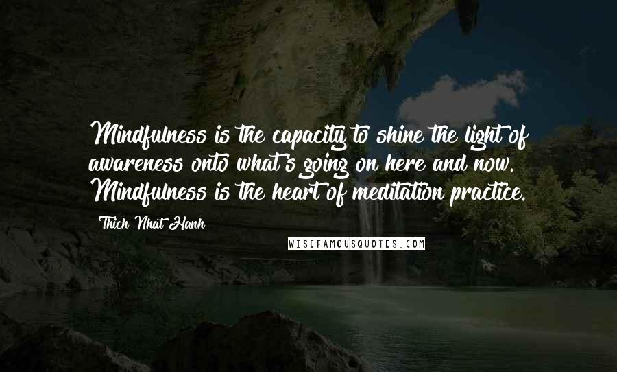 Thich Nhat Hanh Quotes: Mindfulness is the capacity to shine the light of awareness onto what's going on here and now. Mindfulness is the heart of meditation practice.