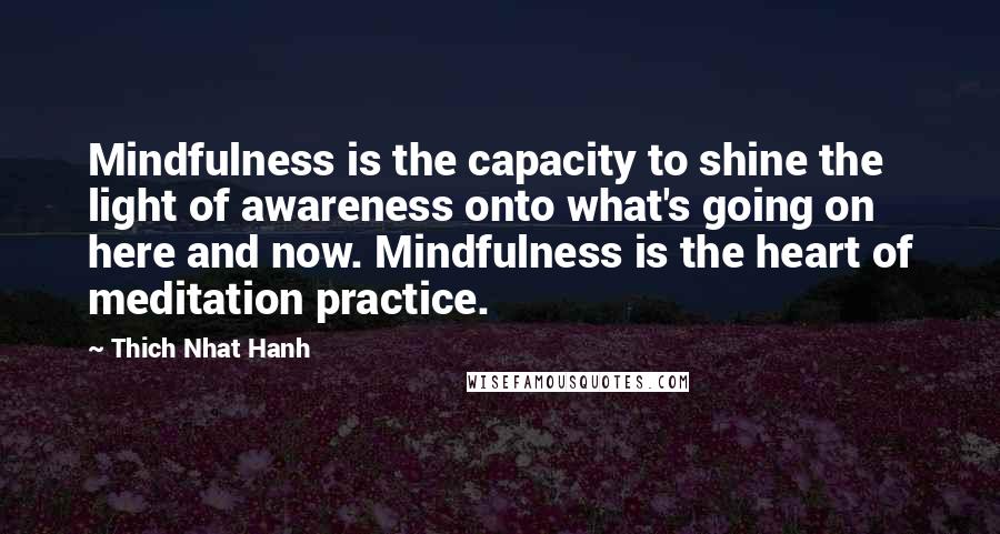 Thich Nhat Hanh Quotes: Mindfulness is the capacity to shine the light of awareness onto what's going on here and now. Mindfulness is the heart of meditation practice.