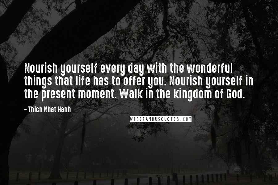 Thich Nhat Hanh Quotes: Nourish yourself every day with the wonderful things that life has to offer you. Nourish yourself in the present moment. Walk in the kingdom of God.