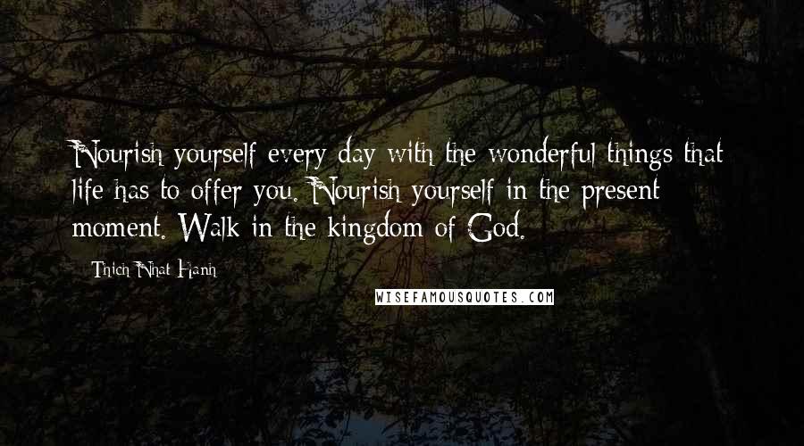 Thich Nhat Hanh Quotes: Nourish yourself every day with the wonderful things that life has to offer you. Nourish yourself in the present moment. Walk in the kingdom of God.