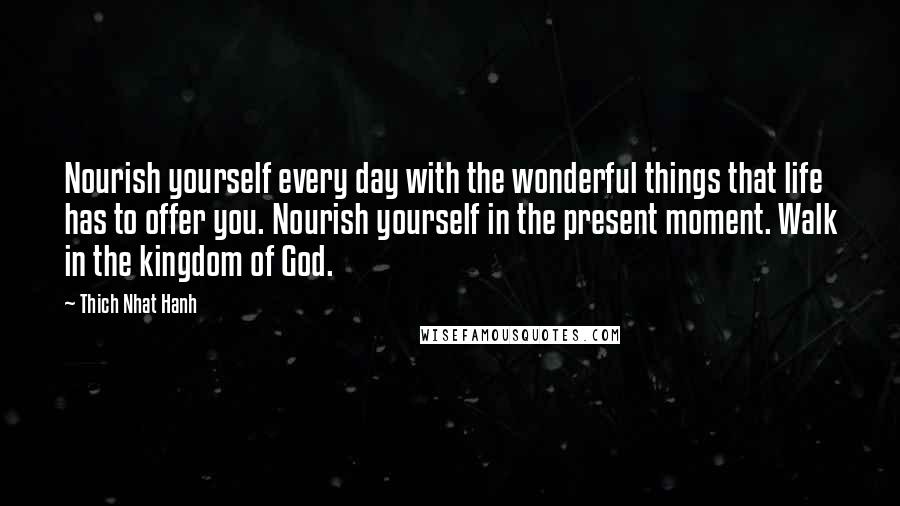 Thich Nhat Hanh Quotes: Nourish yourself every day with the wonderful things that life has to offer you. Nourish yourself in the present moment. Walk in the kingdom of God.