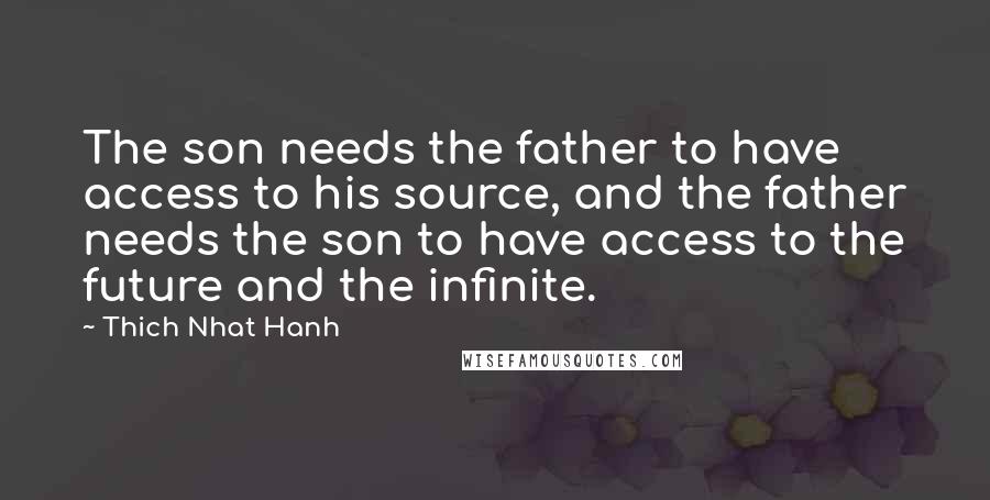 Thich Nhat Hanh Quotes: The son needs the father to have access to his source, and the father needs the son to have access to the future and the infinite.