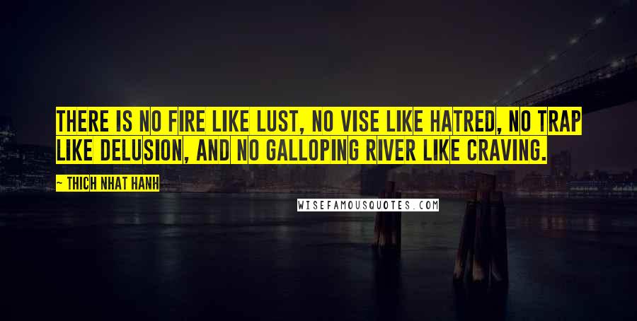 Thich Nhat Hanh Quotes: There is no fire like lust, no vise like hatred, no trap like delusion, and no galloping river like craving.