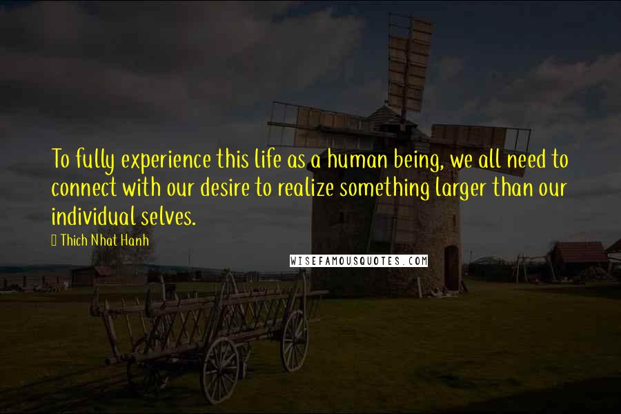 Thich Nhat Hanh Quotes: To fully experience this life as a human being, we all need to connect with our desire to realize something larger than our individual selves.
