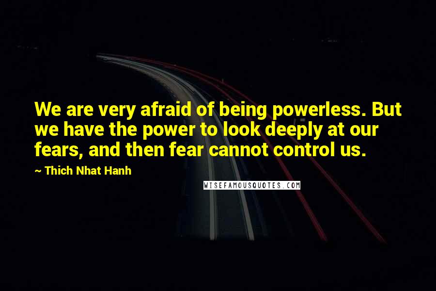 Thich Nhat Hanh Quotes: We are very afraid of being powerless. But we have the power to look deeply at our fears, and then fear cannot control us.