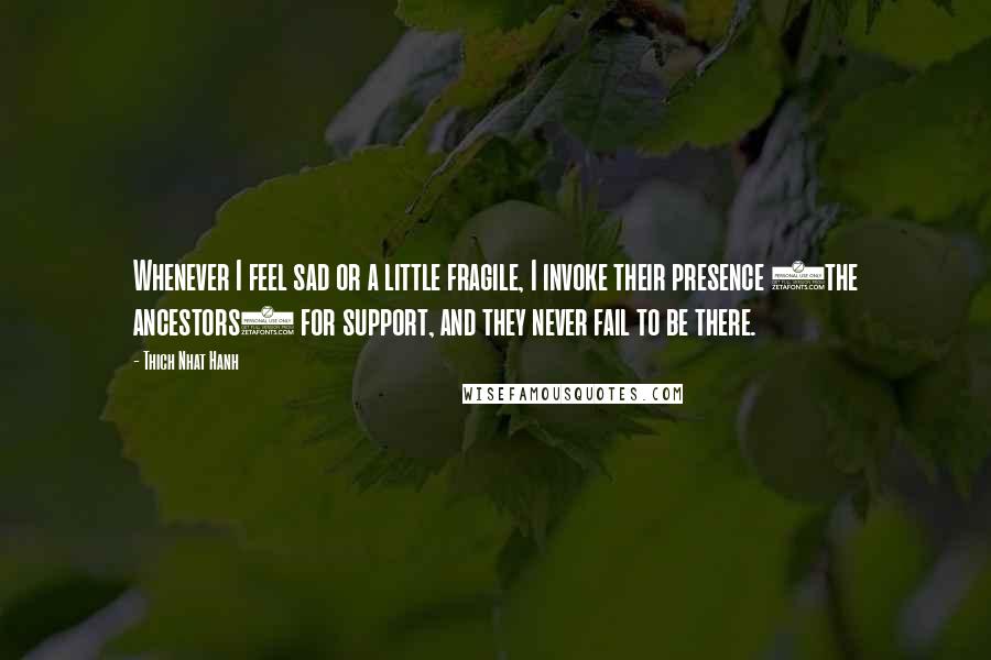 Thich Nhat Hanh Quotes: Whenever I feel sad or a little fragile, I invoke their presence (the ancestors) for support, and they never fail to be there.