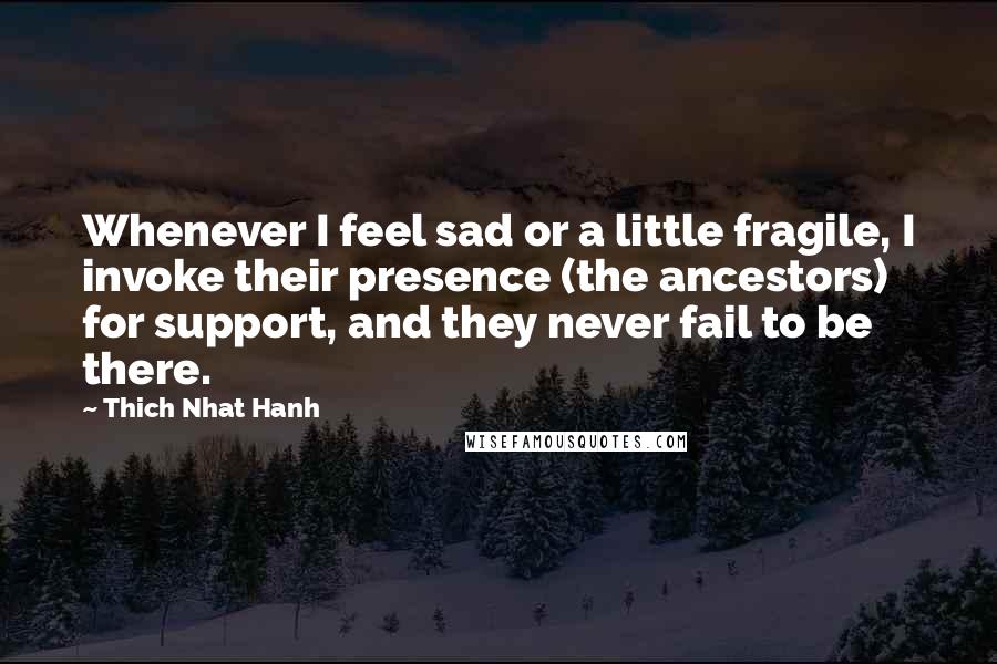 Thich Nhat Hanh Quotes: Whenever I feel sad or a little fragile, I invoke their presence (the ancestors) for support, and they never fail to be there.