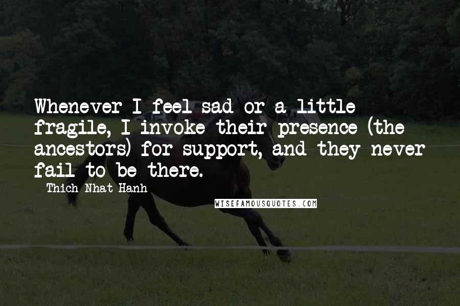 Thich Nhat Hanh Quotes: Whenever I feel sad or a little fragile, I invoke their presence (the ancestors) for support, and they never fail to be there.