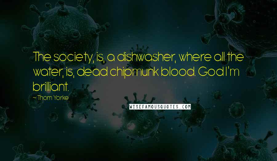Thom Yorke Quotes: The society, is, a dishwasher, where all the water, is, dead chipmunk blood. God I'm brilliant.