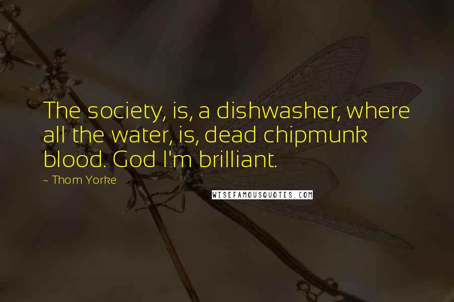 Thom Yorke Quotes: The society, is, a dishwasher, where all the water, is, dead chipmunk blood. God I'm brilliant.