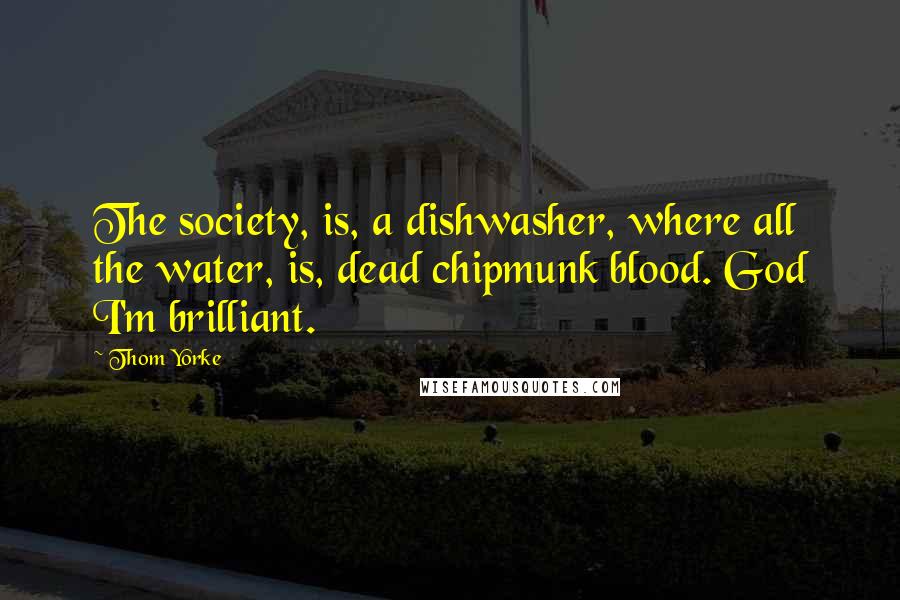 Thom Yorke Quotes: The society, is, a dishwasher, where all the water, is, dead chipmunk blood. God I'm brilliant.