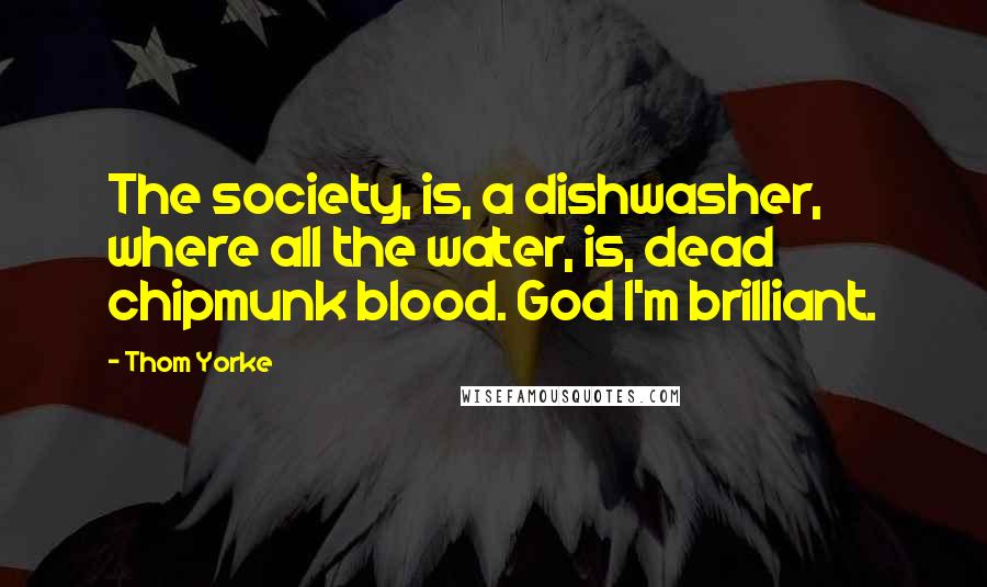 Thom Yorke Quotes: The society, is, a dishwasher, where all the water, is, dead chipmunk blood. God I'm brilliant.