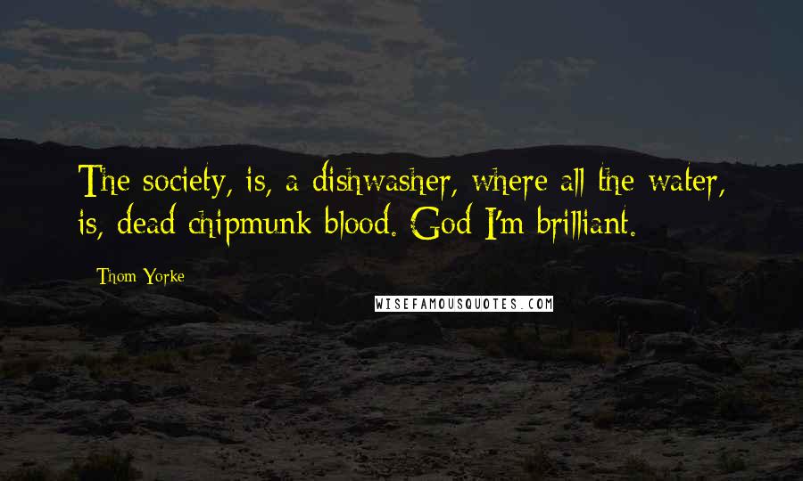 Thom Yorke Quotes: The society, is, a dishwasher, where all the water, is, dead chipmunk blood. God I'm brilliant.