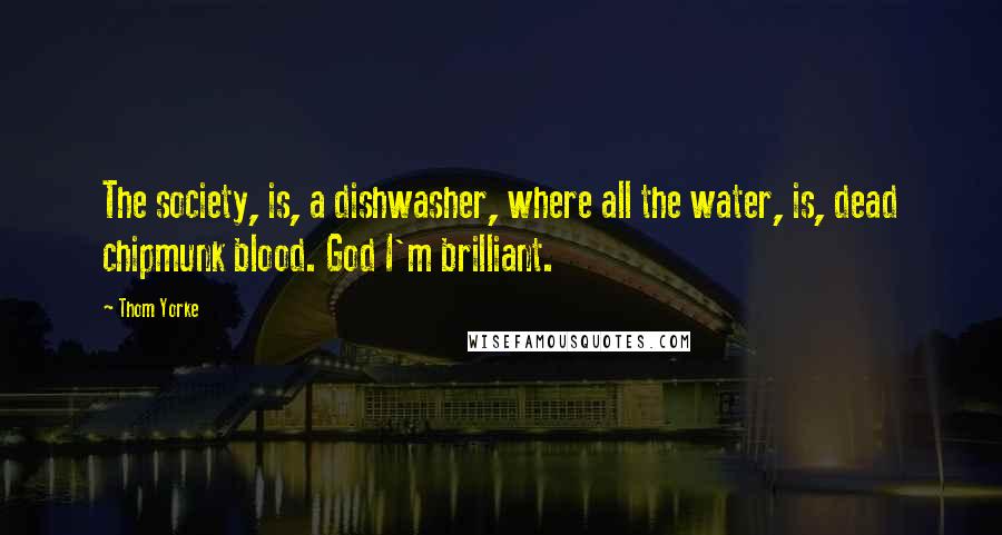 Thom Yorke Quotes: The society, is, a dishwasher, where all the water, is, dead chipmunk blood. God I'm brilliant.