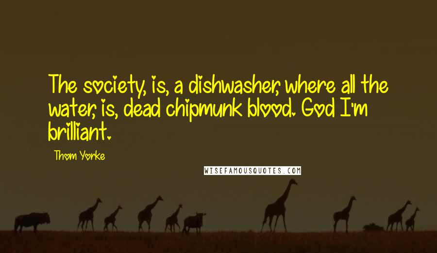 Thom Yorke Quotes: The society, is, a dishwasher, where all the water, is, dead chipmunk blood. God I'm brilliant.
