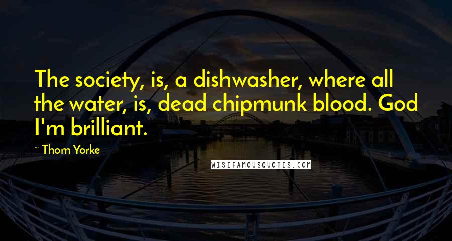 Thom Yorke Quotes: The society, is, a dishwasher, where all the water, is, dead chipmunk blood. God I'm brilliant.