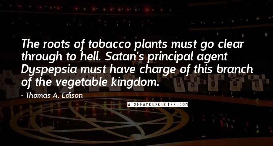 Thomas A. Edison Quotes: The roots of tobacco plants must go clear through to hell. Satan's principal agent Dyspepsia must have charge of this branch of the vegetable kingdom.