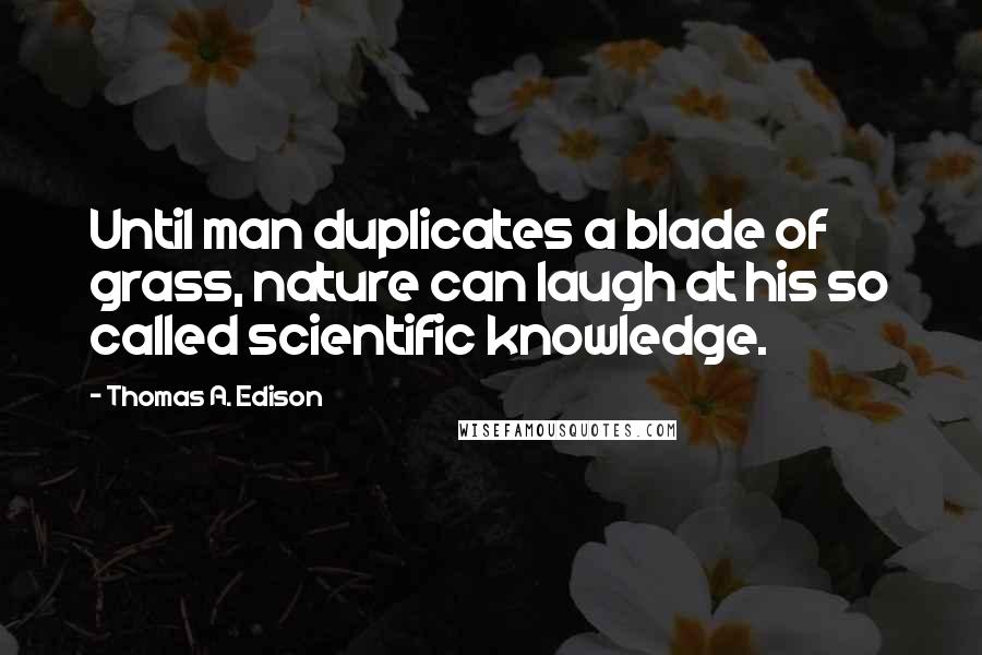 Thomas A. Edison Quotes: Until man duplicates a blade of grass, nature can laugh at his so called scientific knowledge.