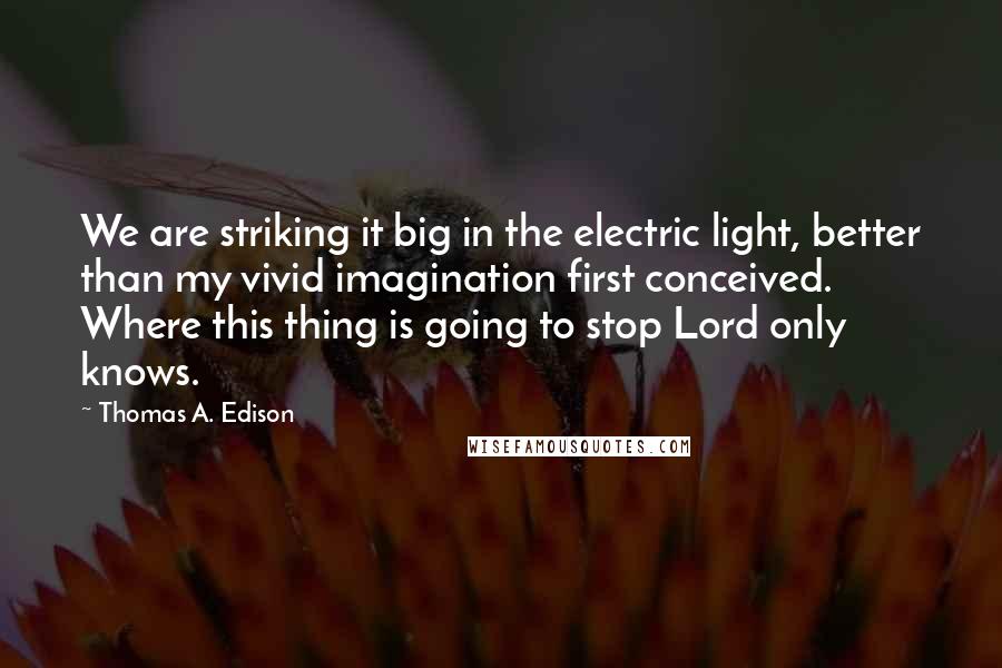 Thomas A. Edison Quotes: We are striking it big in the electric light, better than my vivid imagination first conceived. Where this thing is going to stop Lord only knows.