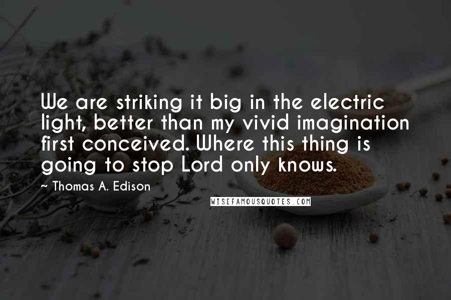 Thomas A. Edison Quotes: We are striking it big in the electric light, better than my vivid imagination first conceived. Where this thing is going to stop Lord only knows.