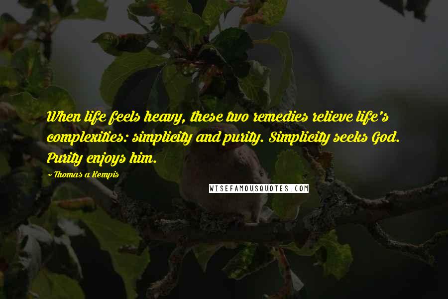 Thomas A Kempis Quotes: When life feels heavy, these two remedies relieve life's complexities: simplicity and purity. Simplicity seeks God. Purity enjoys him.