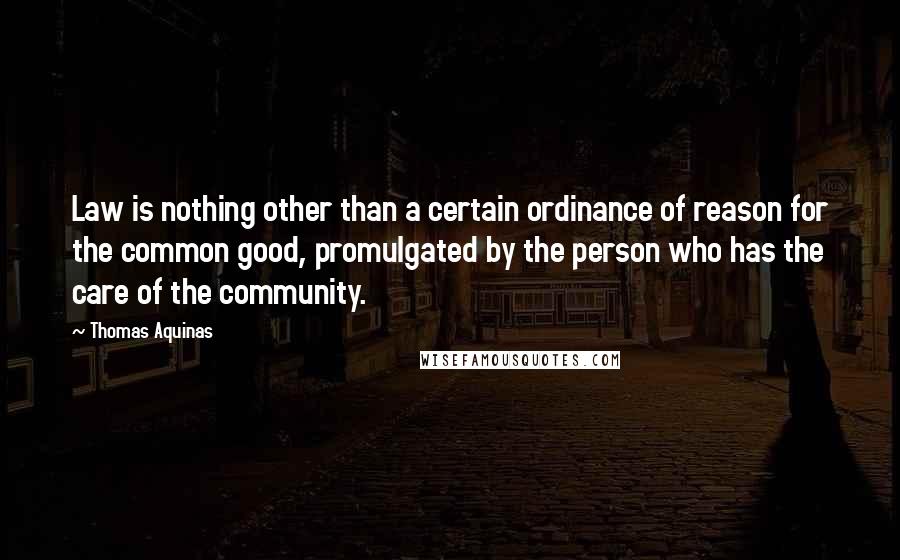 Thomas Aquinas Quotes: Law is nothing other than a certain ordinance of reason for the common good, promulgated by the person who has the care of the community.