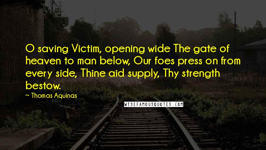 Thomas Aquinas Quotes: O saving Victim, opening wide The gate of heaven to man below, Our foes press on from every side, Thine aid supply, Thy strength bestow.