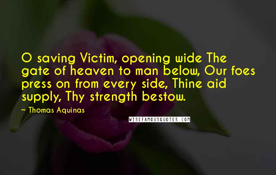 Thomas Aquinas Quotes: O saving Victim, opening wide The gate of heaven to man below, Our foes press on from every side, Thine aid supply, Thy strength bestow.