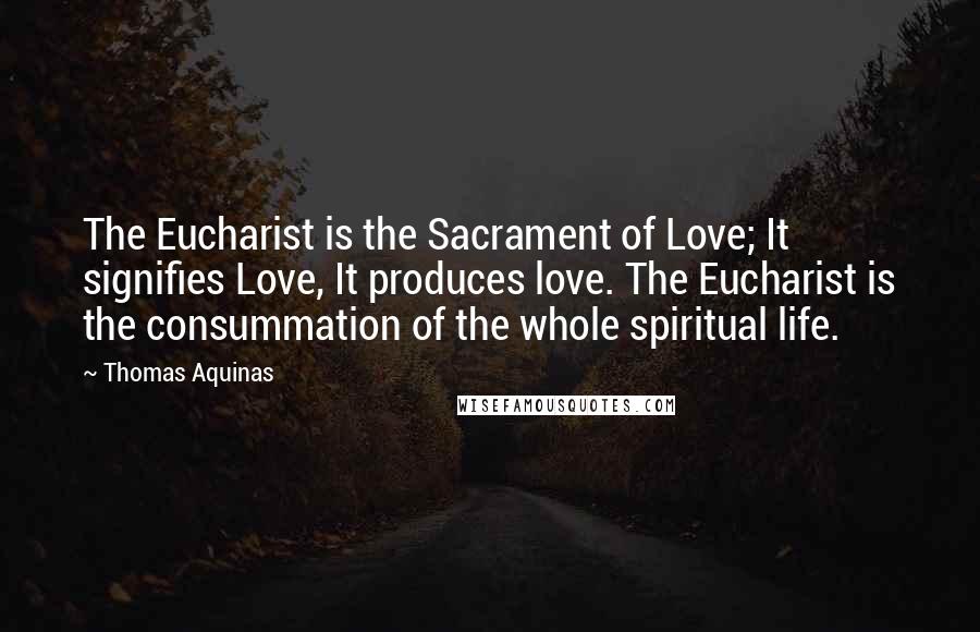 Thomas Aquinas Quotes: The Eucharist is the Sacrament of Love; It signifies Love, It produces love. The Eucharist is the consummation of the whole spiritual life.