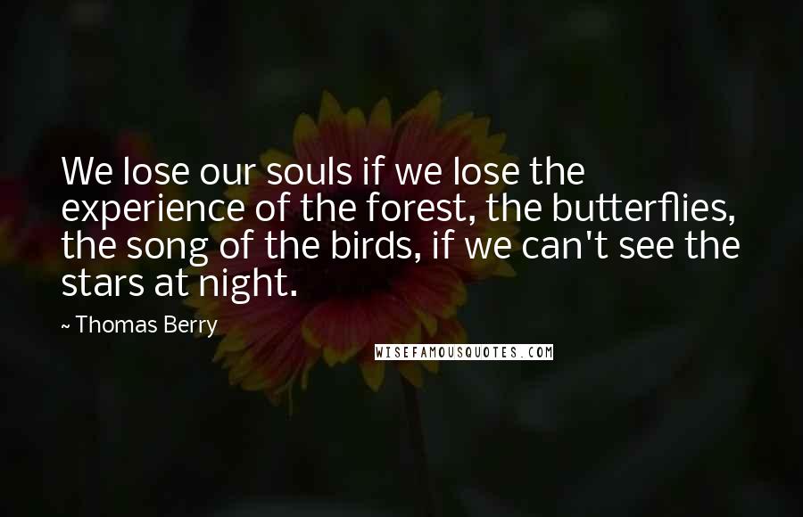 Thomas Berry Quotes: We lose our souls if we lose the experience of the forest, the butterflies, the song of the birds, if we can't see the stars at night.