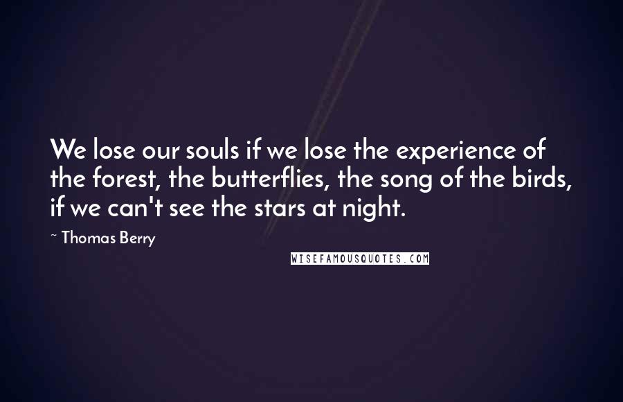 Thomas Berry Quotes: We lose our souls if we lose the experience of the forest, the butterflies, the song of the birds, if we can't see the stars at night.