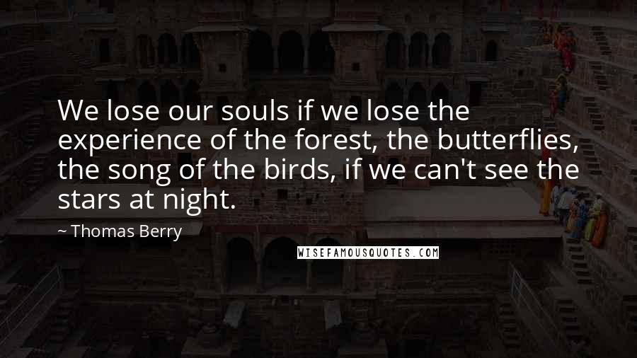 Thomas Berry Quotes: We lose our souls if we lose the experience of the forest, the butterflies, the song of the birds, if we can't see the stars at night.