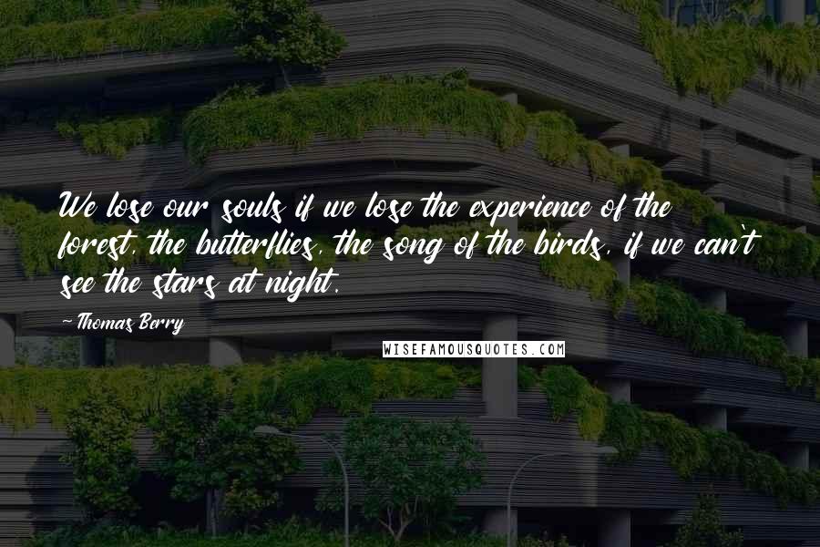 Thomas Berry Quotes: We lose our souls if we lose the experience of the forest, the butterflies, the song of the birds, if we can't see the stars at night.