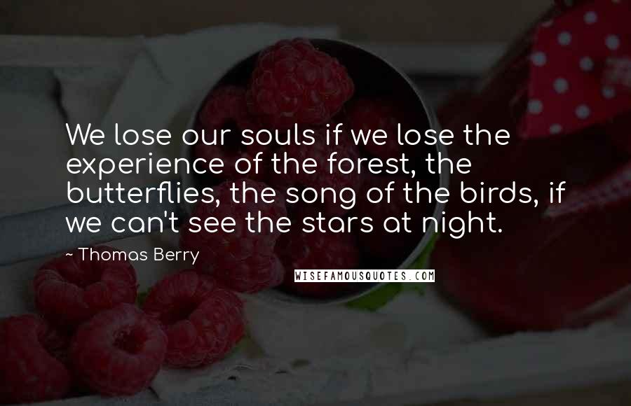 Thomas Berry Quotes: We lose our souls if we lose the experience of the forest, the butterflies, the song of the birds, if we can't see the stars at night.