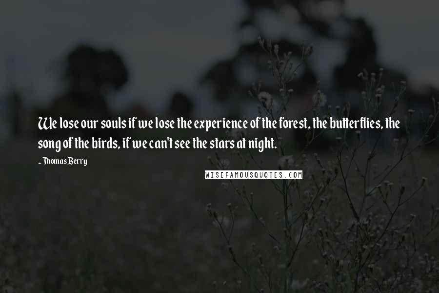 Thomas Berry Quotes: We lose our souls if we lose the experience of the forest, the butterflies, the song of the birds, if we can't see the stars at night.