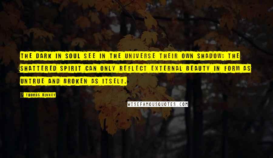 Thomas Binney Quotes: The dark in soul see in the universe their own shadow; the shattered spirit can only reflect external beauty in form as untrue and broken as itself.