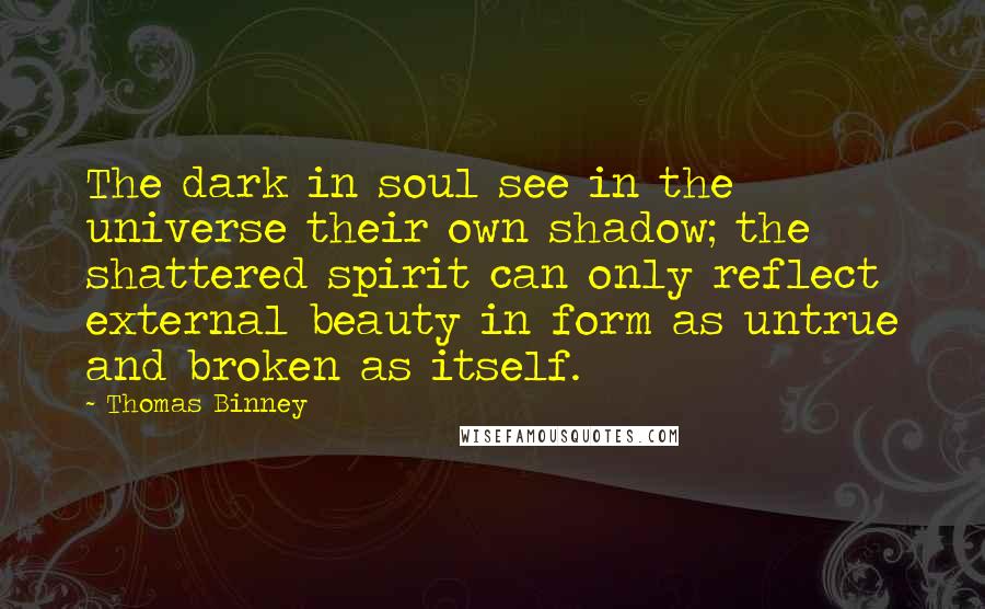 Thomas Binney Quotes: The dark in soul see in the universe their own shadow; the shattered spirit can only reflect external beauty in form as untrue and broken as itself.