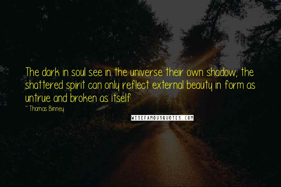 Thomas Binney Quotes: The dark in soul see in the universe their own shadow; the shattered spirit can only reflect external beauty in form as untrue and broken as itself.