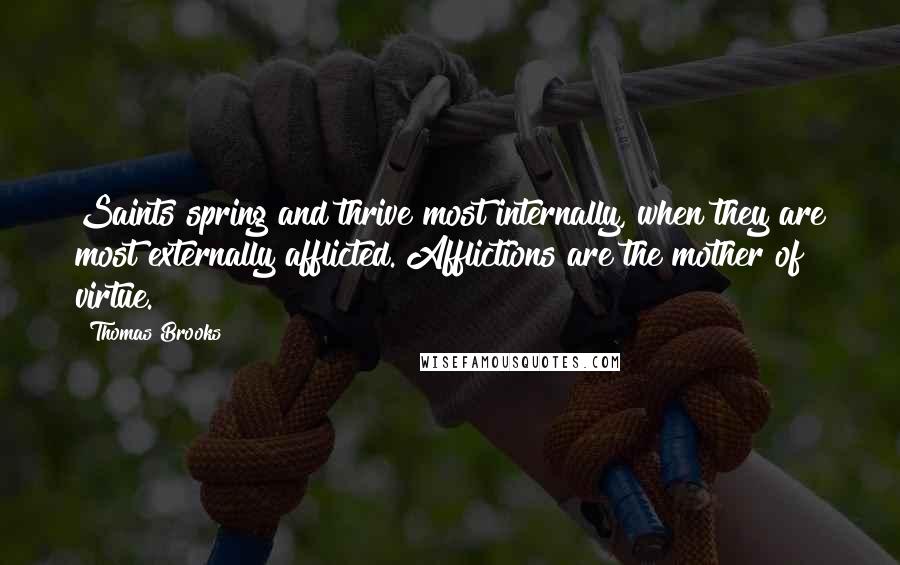 Thomas Brooks Quotes: Saints spring and thrive most internally, when they are most externally afflicted. Afflictions are the mother of virtue.