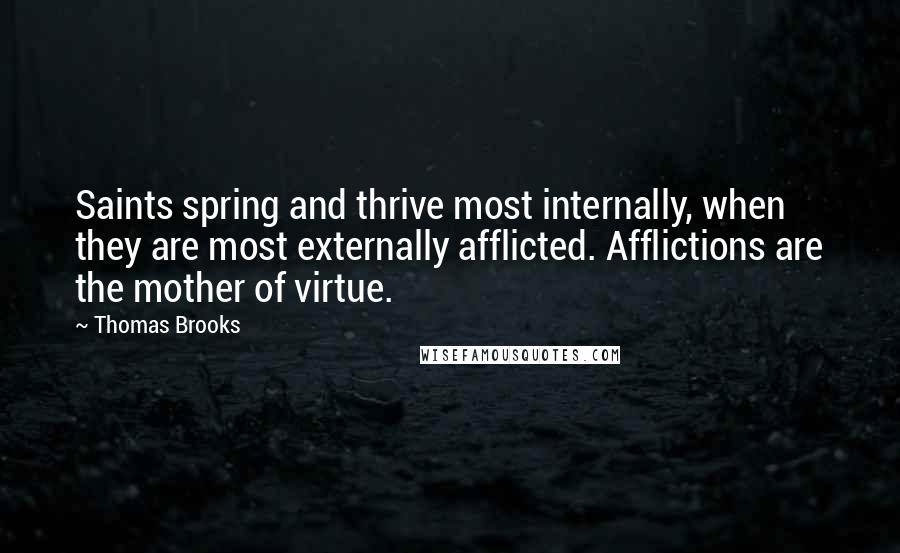 Thomas Brooks Quotes: Saints spring and thrive most internally, when they are most externally afflicted. Afflictions are the mother of virtue.