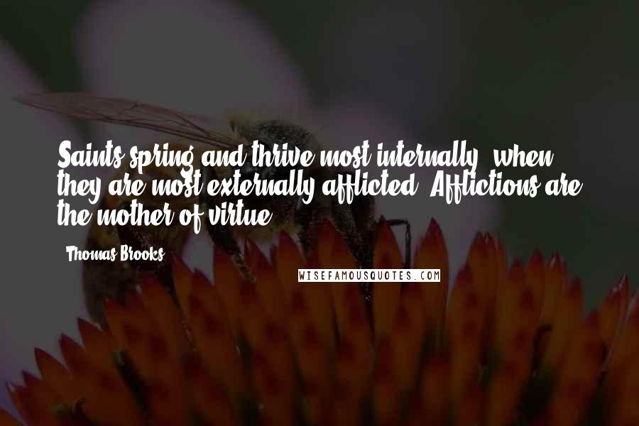 Thomas Brooks Quotes: Saints spring and thrive most internally, when they are most externally afflicted. Afflictions are the mother of virtue.