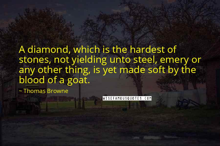 Thomas Browne Quotes: A diamond, which is the hardest of stones, not yielding unto steel, emery or any other thing, is yet made soft by the blood of a goat.