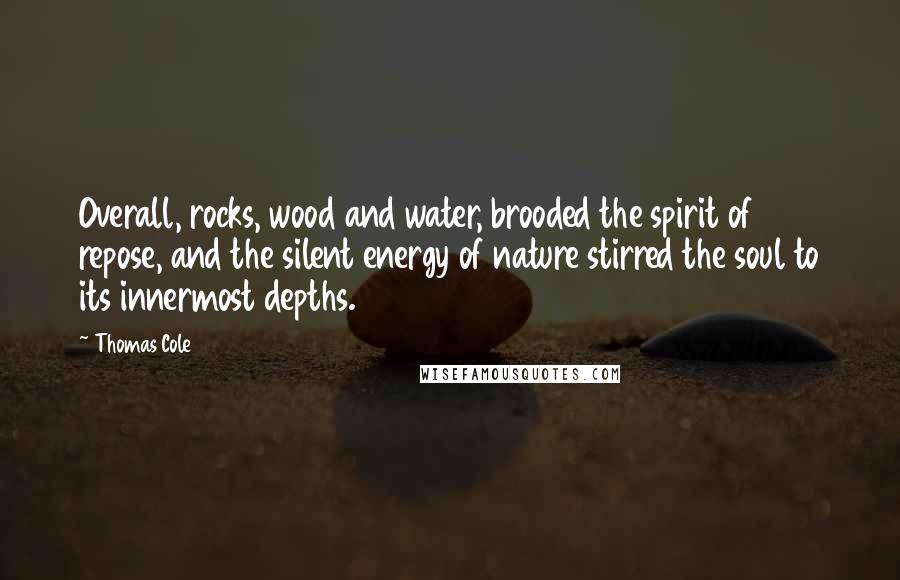 Thomas Cole Quotes: Overall, rocks, wood and water, brooded the spirit of repose, and the silent energy of nature stirred the soul to its innermost depths.