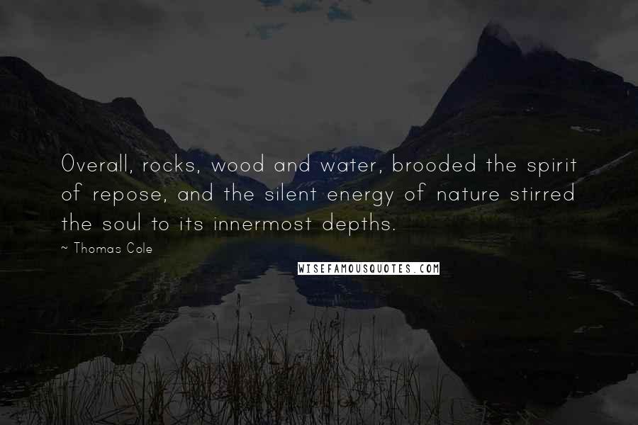 Thomas Cole Quotes: Overall, rocks, wood and water, brooded the spirit of repose, and the silent energy of nature stirred the soul to its innermost depths.