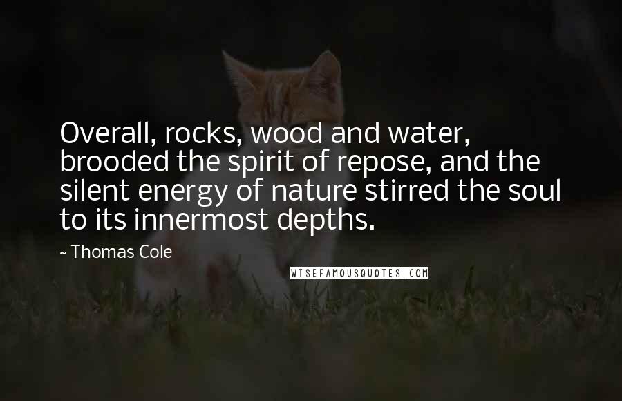 Thomas Cole Quotes: Overall, rocks, wood and water, brooded the spirit of repose, and the silent energy of nature stirred the soul to its innermost depths.