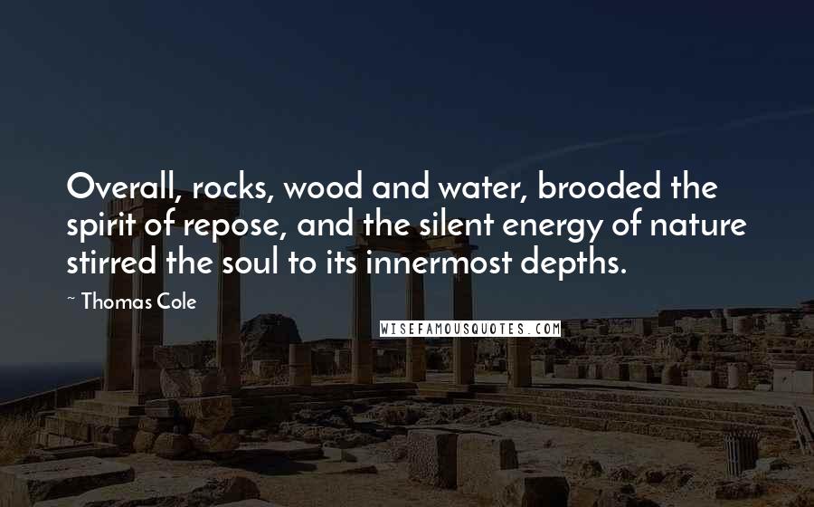 Thomas Cole Quotes: Overall, rocks, wood and water, brooded the spirit of repose, and the silent energy of nature stirred the soul to its innermost depths.