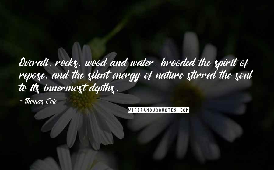 Thomas Cole Quotes: Overall, rocks, wood and water, brooded the spirit of repose, and the silent energy of nature stirred the soul to its innermost depths.